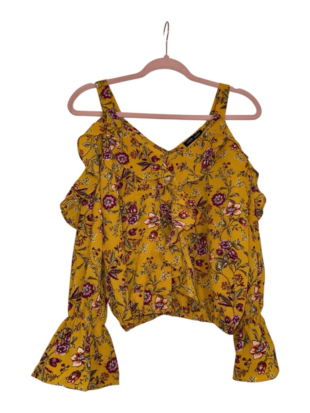 Moa Moa Mustard Floral Cold-Shoulder Blouse with ruffles! Size small. Euc. :)